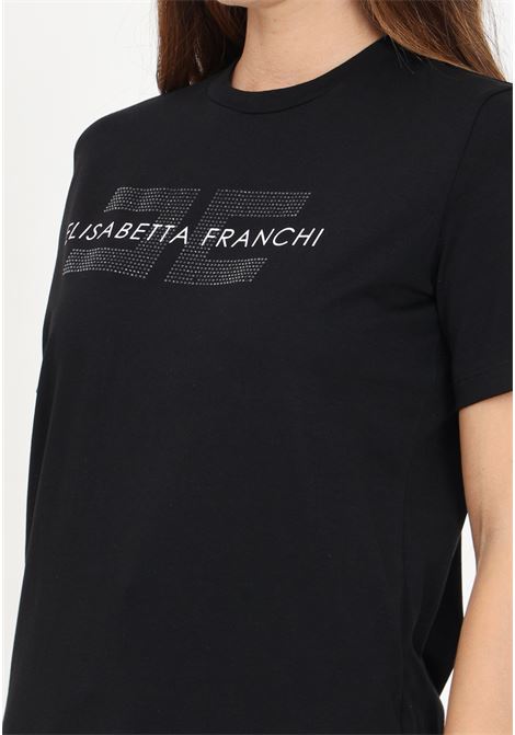 T-shirt a manica corta nera da donna con stampa logo e strass ELISABETTA FRANCHI | MA00346E2110